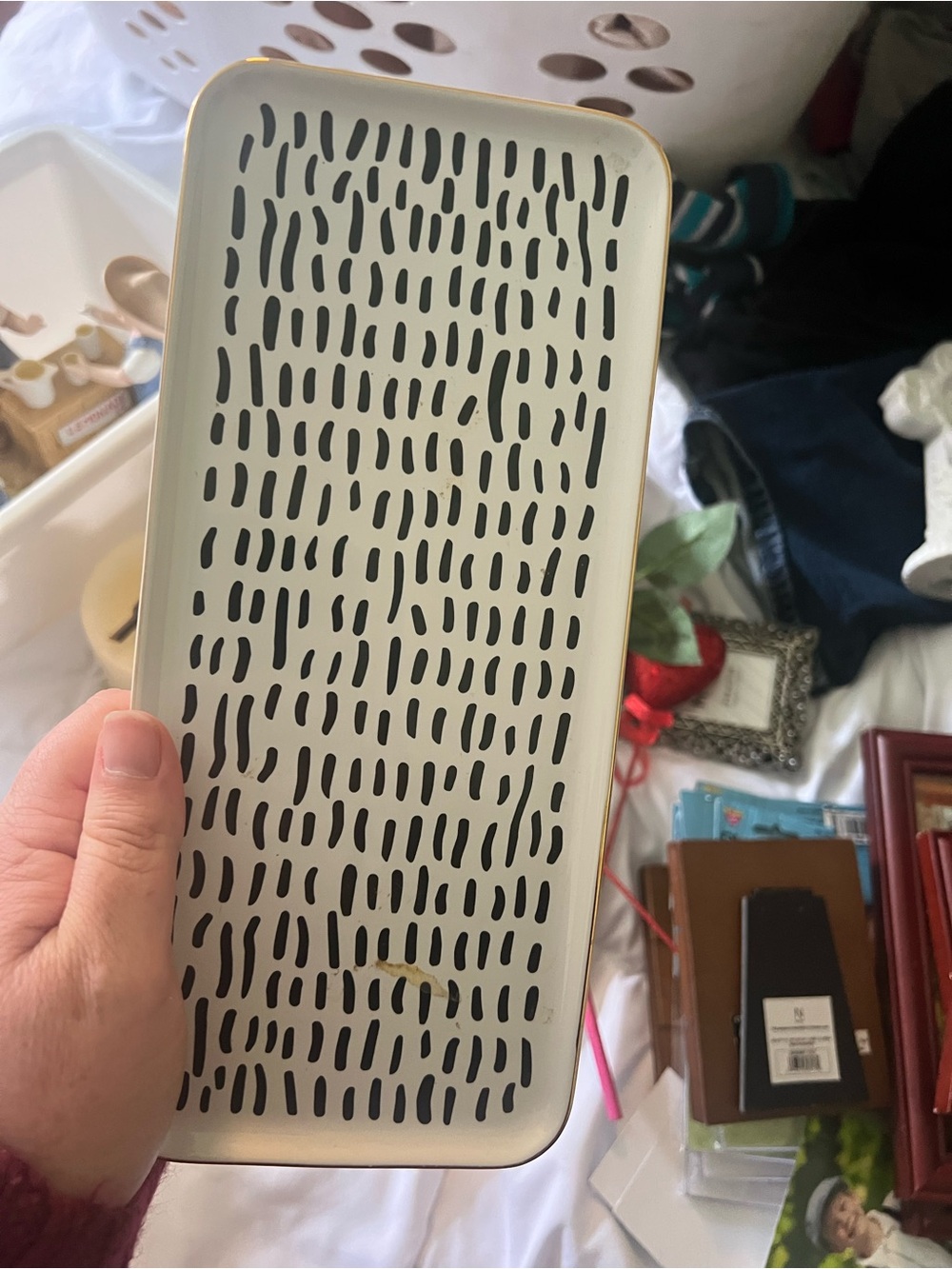 Cream and Black Patterned Vanity Tray with Gold Trim